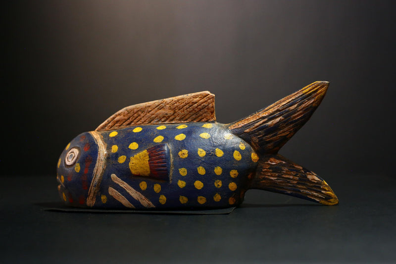 African Mask - Hand-Carved Bozo Fish Puppet Art - Tribal Wall Hanging Sculpture for Unique Home Décor and Cultural Collectible Display-G3736