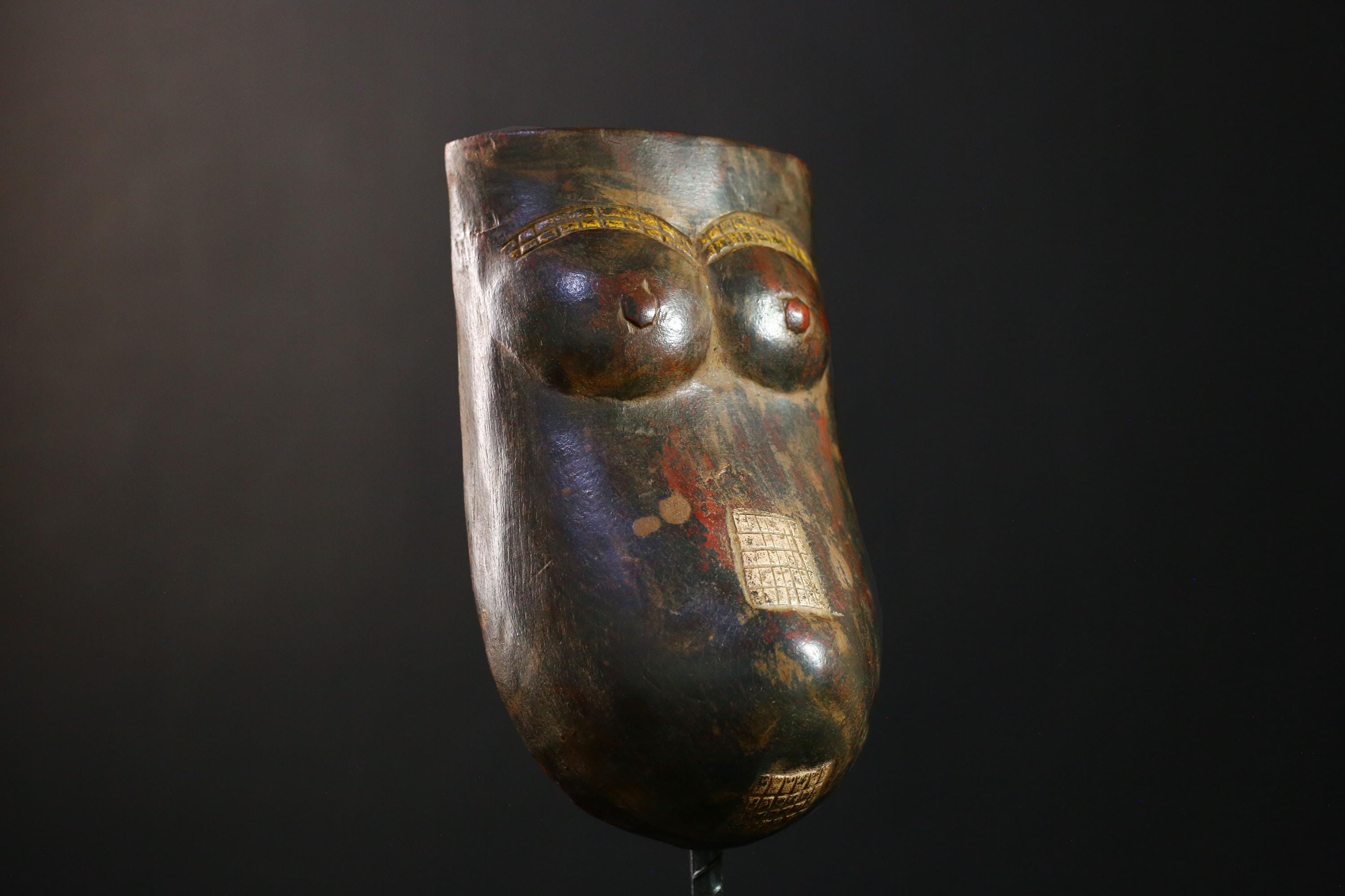 African Mask - Authentic Makonde Belly Mask, Hand-Carved Wooden Wall Art, Unique Tribal Decor, Cultural Home Accent for Collectors-G3753