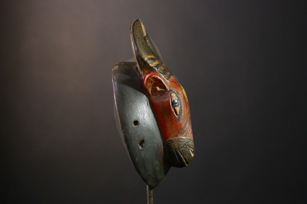 African Mask Handmade Baule Horned , Unique Wall Art Decor, Tribal Sculpture for Home, Cultural Collectible Piece for Decoration-G3767