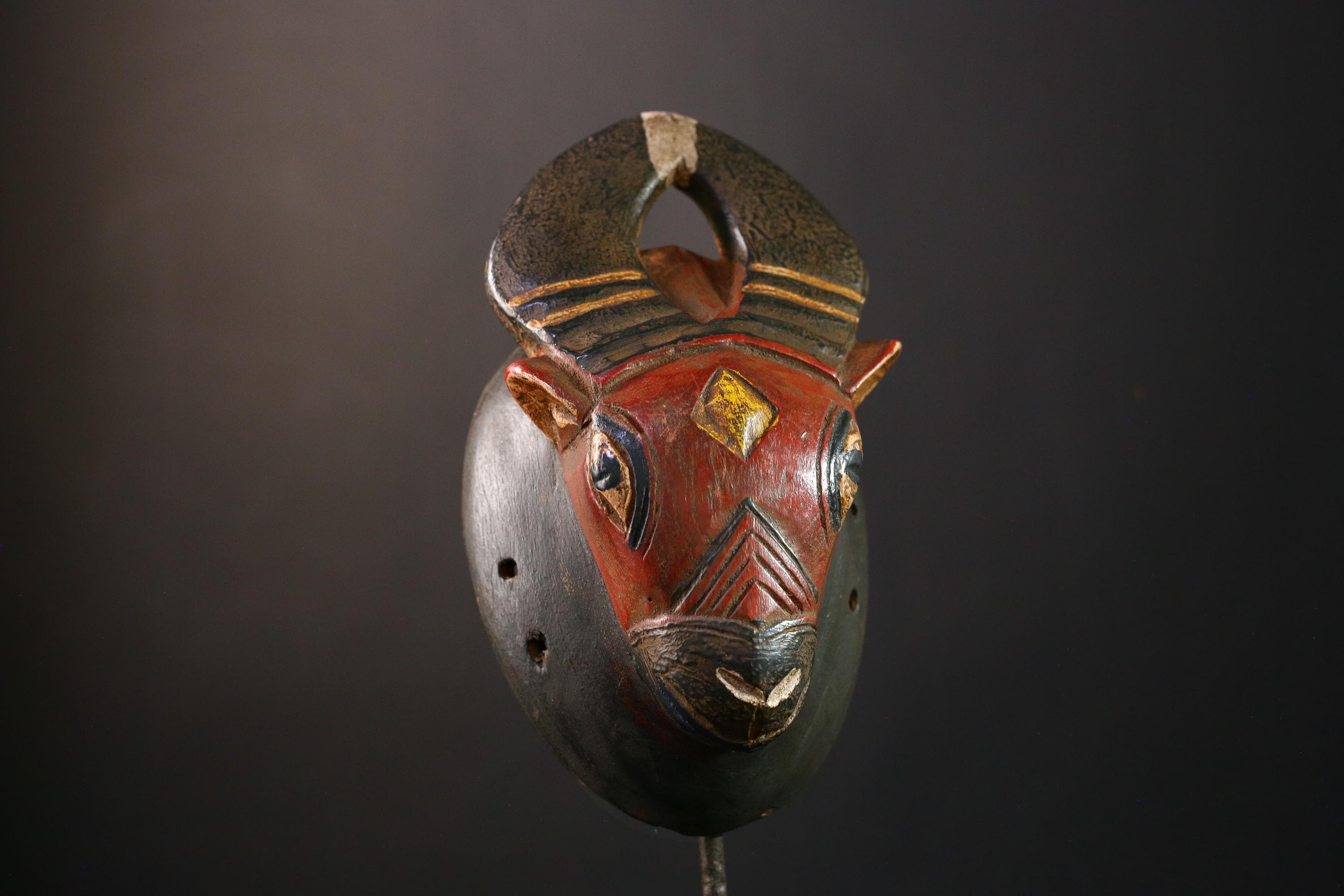 African Mask Handmade Baule Horned , Unique Wall Art Decor, Tribal Sculpture for Home, Cultural Collectible Piece for Decoration-G3767
