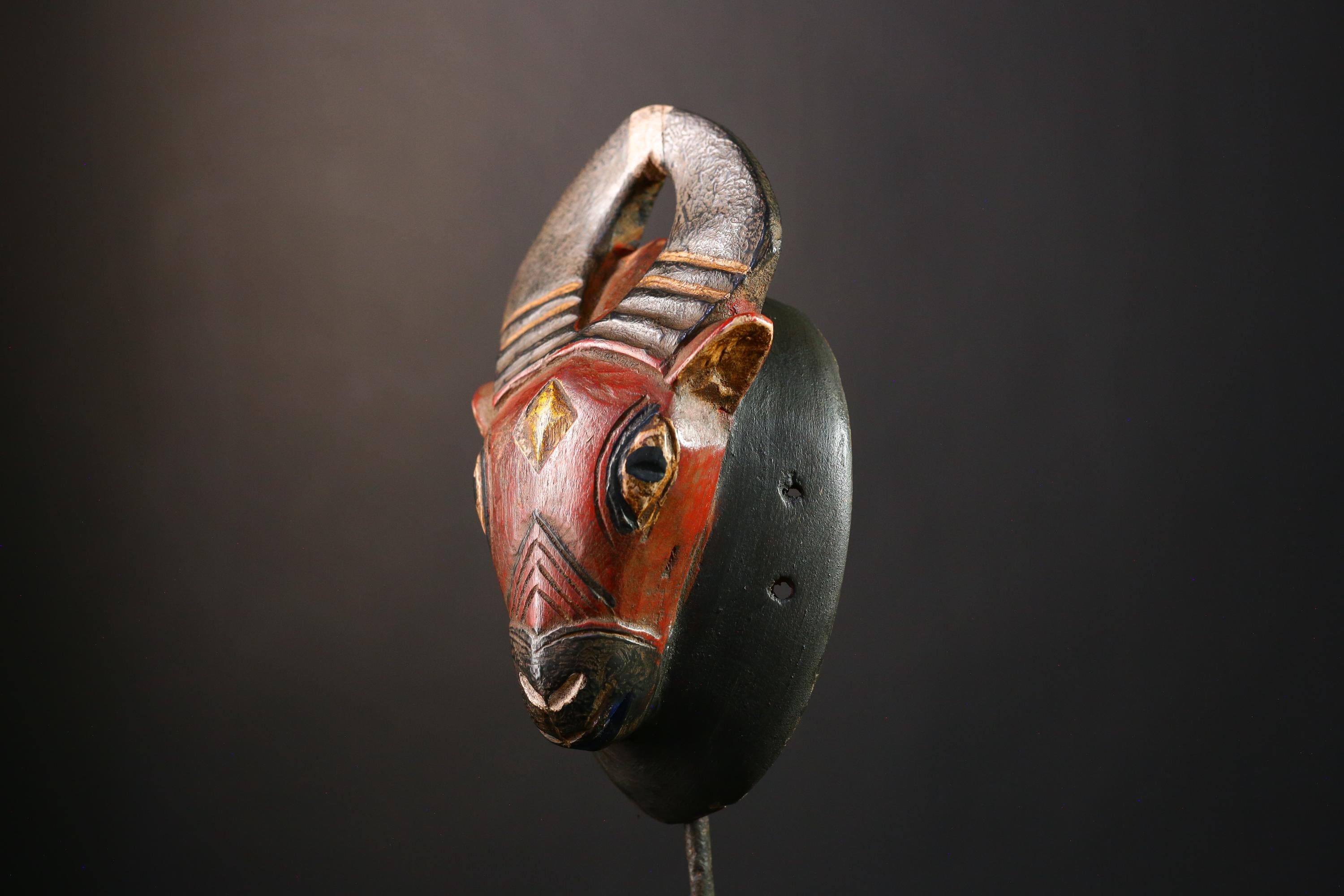 African Mask Handmade Baule Horned , Unique Wall Art Decor, Tribal Sculpture for Home, Cultural Collectible Piece for Decoration-G3767