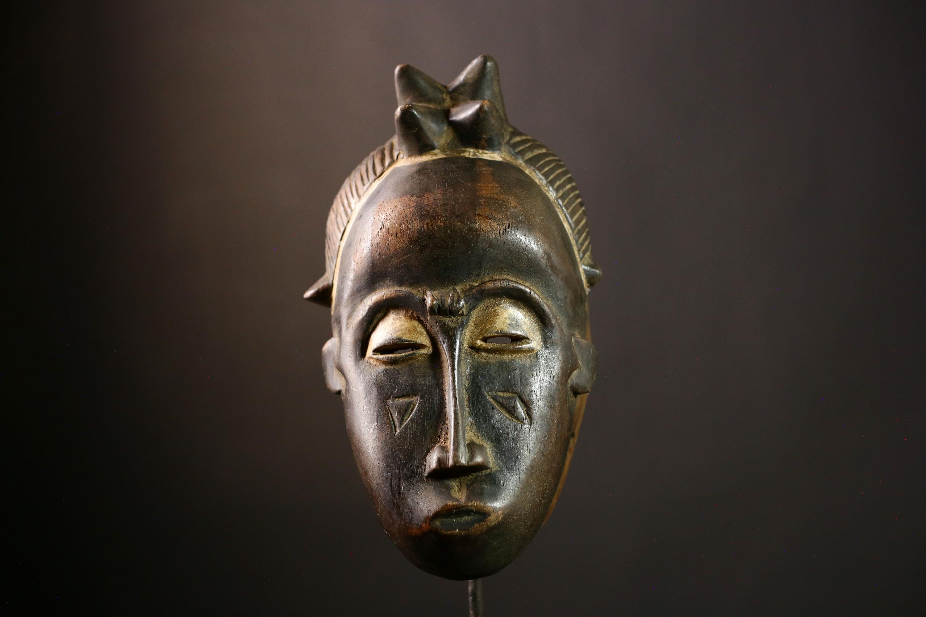 African Baule Mask - Antique Wood Wall Hanging, Unique Primitive Tribal Art Decor, Collectible Sculpture for Home-G4024