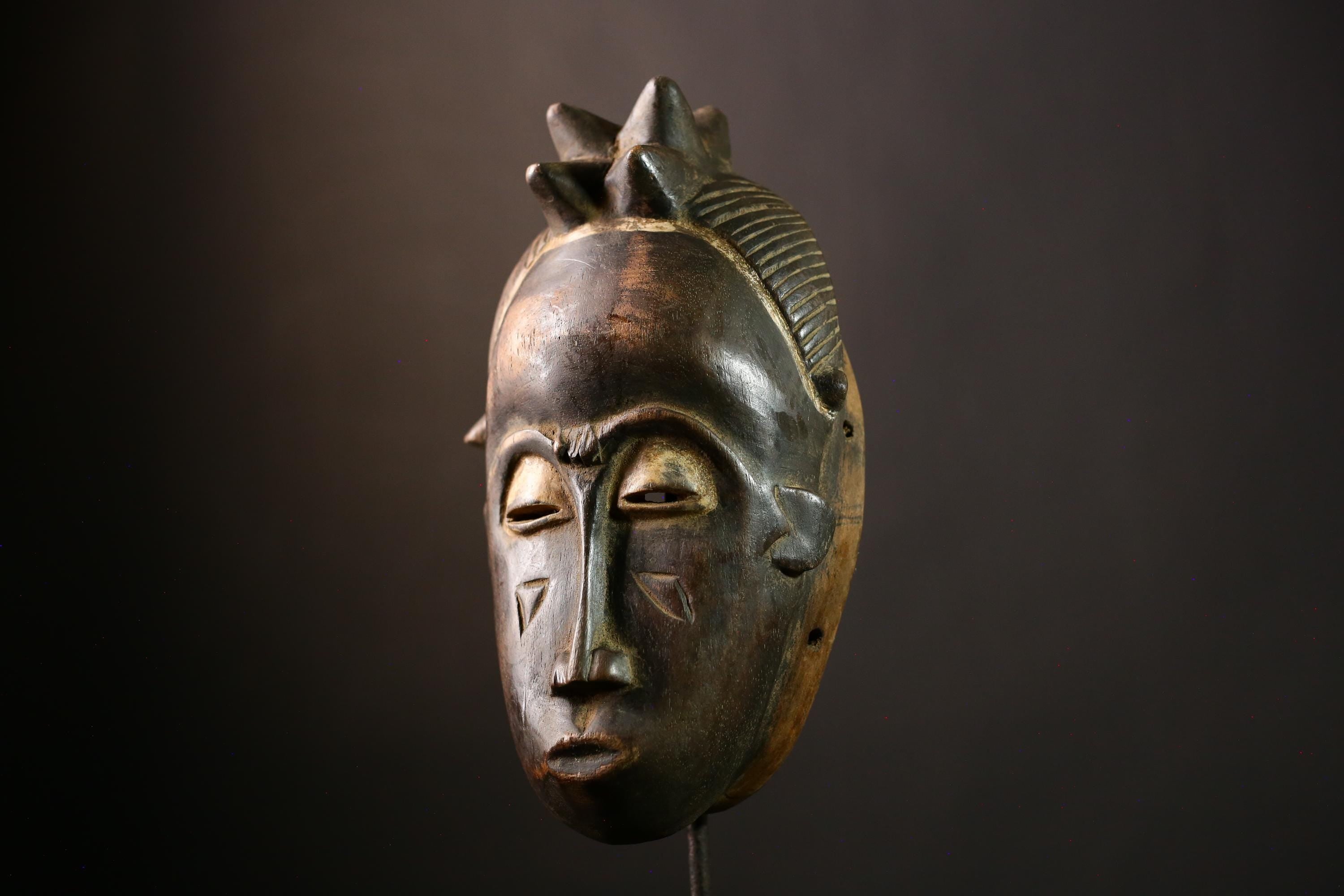 African Baule Mask - Antique Wood Wall Hanging, Unique Primitive Tribal Art Decor, Collectible Sculpture for Home-G4024