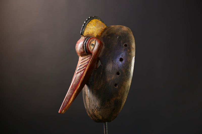 African Mask - Hand-Carved Baule Tribal Stork Mask - Unique Wooden Wall Art Decor for Cultural Home Accent and Ethnic Collectibles-G3809