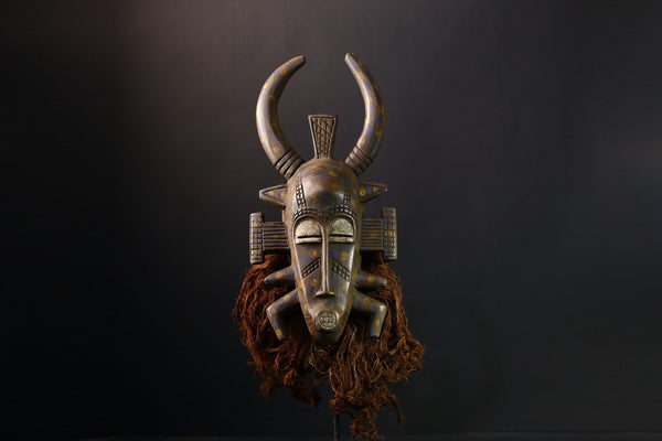 African Mask - Vintage Hand-Carved Senufo Wood Mask with Animal Ears - Unique Tribal Wall Decor for Ethnic Home Art and Collectibles  -G3804