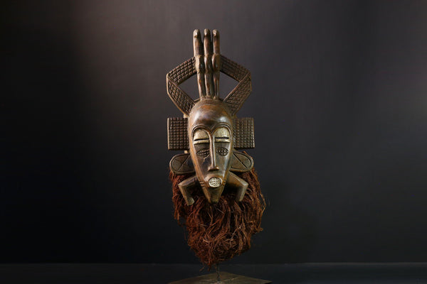 African Mask Vintage Senufo Kpelie Tribal Face Art - Hand-Carved Wooden Wall Decor, Unique Cultural Sculpture for Home Accent -G3800