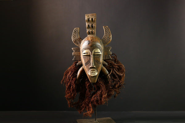 African Mask - Vintage Hand-Carved Senufo Wood Mask with Animal Ears - Unique Tribal Wall Decor for Ethnic Home Art and Collectibles  -G3828