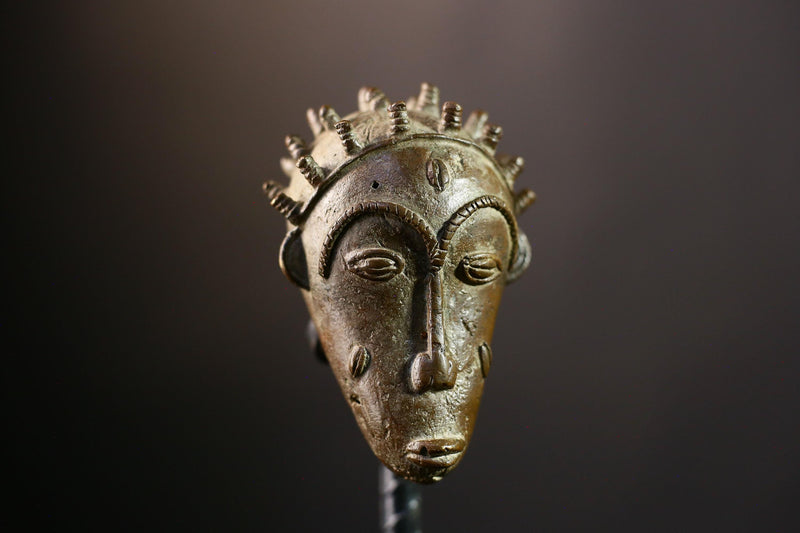 African Copper Mask - Authentic Baoule Yaoure Tribal Sculpture, Unique Decorative Effigy, Ethnic Art Collectible for Home Decor -G3820