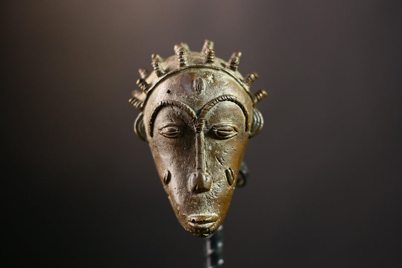 African Copper Mask - Authentic Baoule Yaoure Tribal Sculpture, Unique Decorative Effigy, Ethnic Art Collectible for Home Decor -G3819