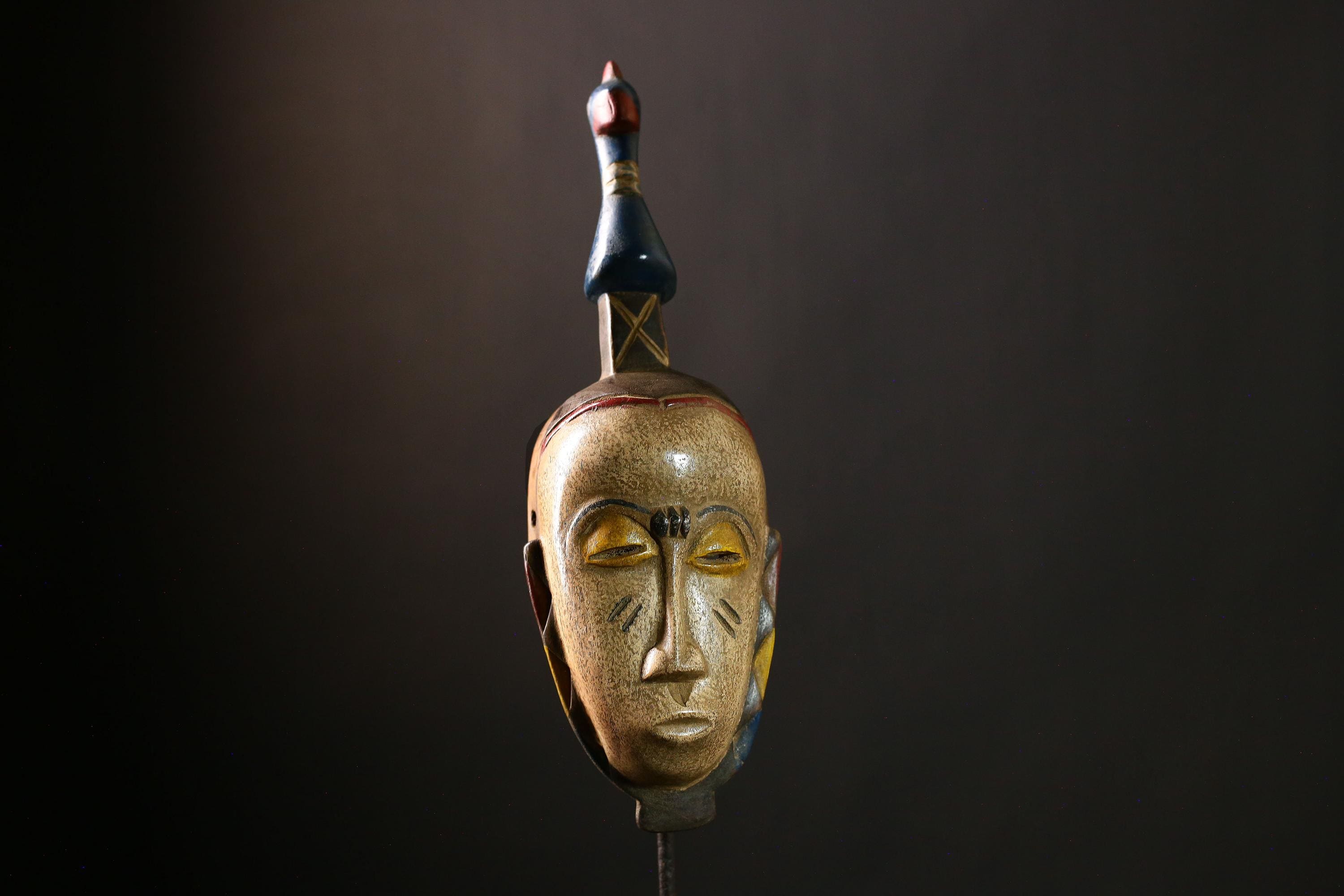 African Baule Mask - Handmade Tribal Wood Vintage Collectible Wall Hanging, Unique Art Decor for Home, Sculpture Art Objects-G4095