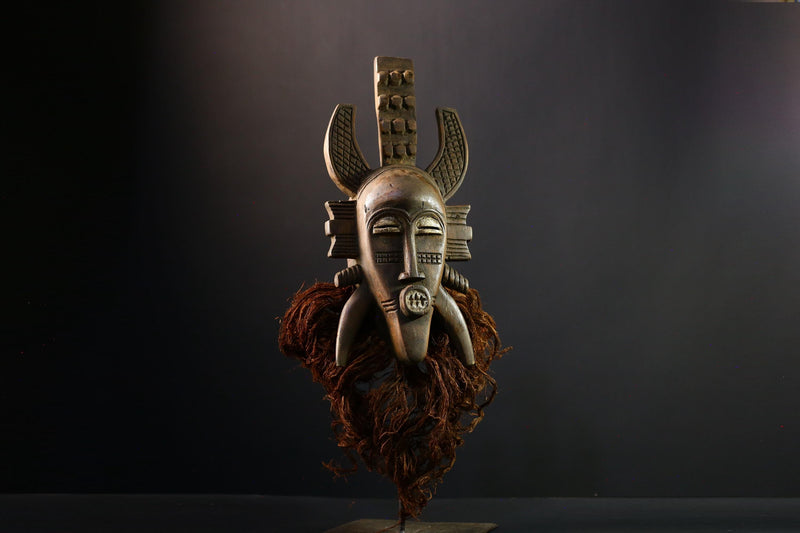 African Mask Kpélié Senoufo, Hand-Carved Wood Mask with Black Patina, Unique Ritual Decor, Cultural Art Sculpture for Home Decoration-G3848