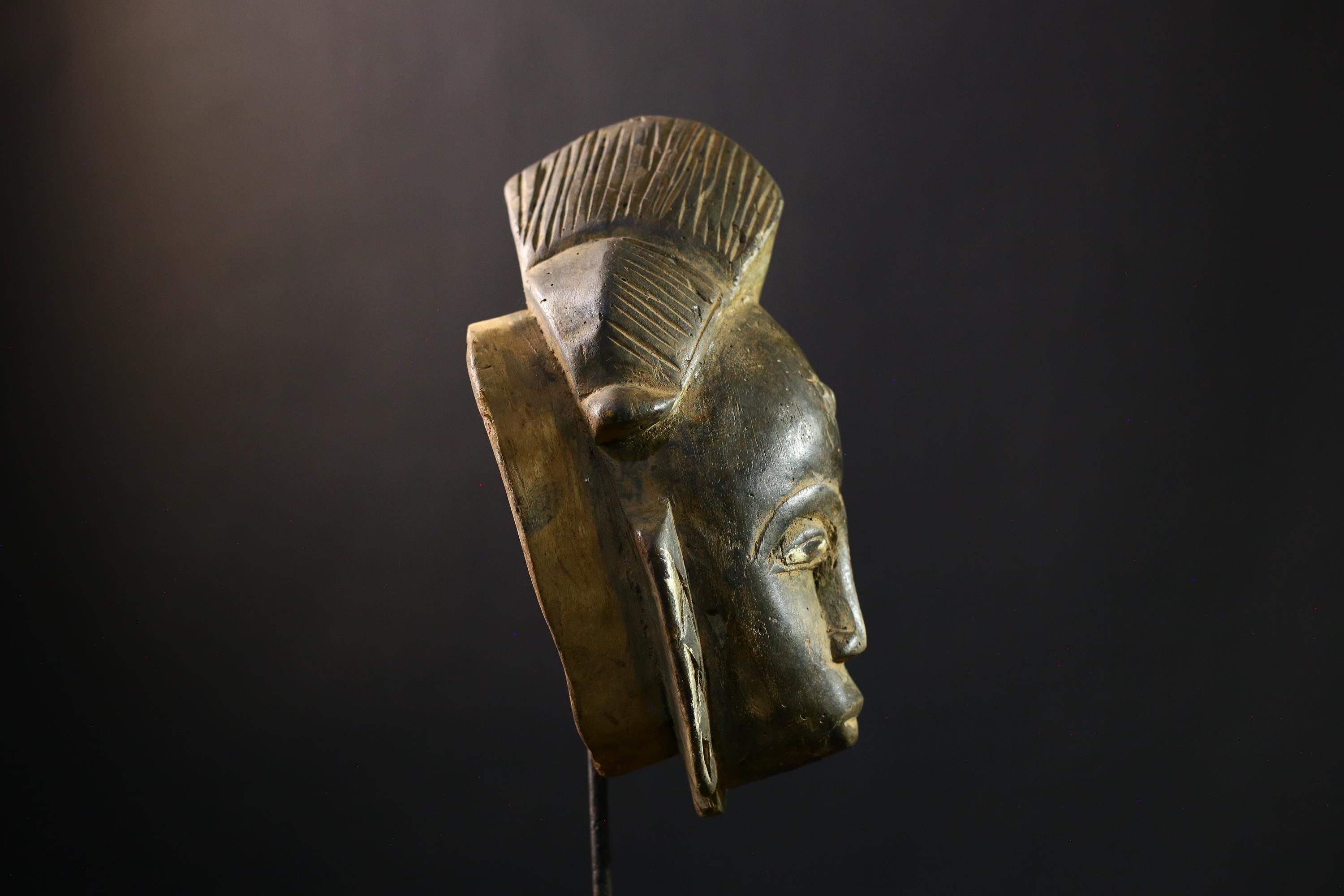 African Baule Tribal Mask Hand Carved Wood Face Côte d’Ivoire Ritual Art Decor Vintage Wall Hanging Sculpture Collectible-G1987