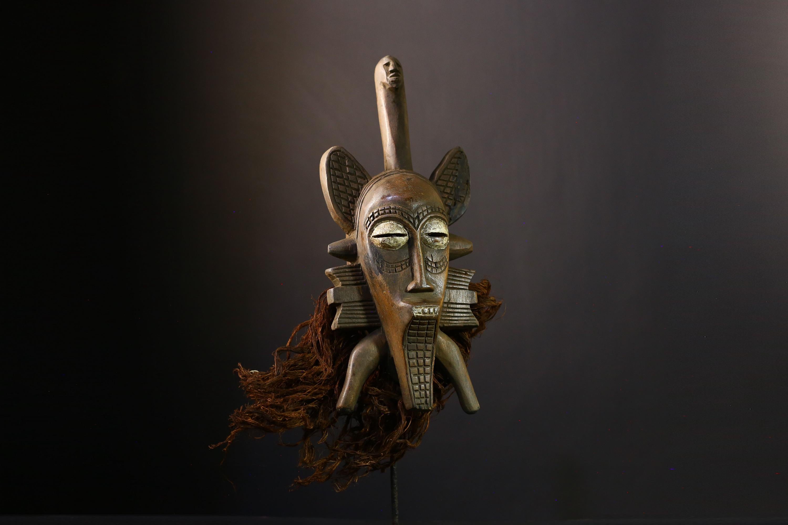 African Hand-Carved Senufo Kalao Vintage Kpélié Mask - Tribal Art Decor with Rich Black Patina & Intricate Details - Cultural-G3874