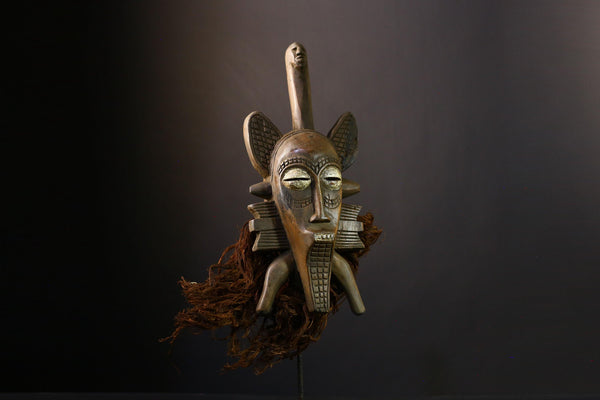 African Hand-Carved Senufo Kalao Vintage Kpélié Mask - Tribal Art Decor with Rich Black Patina & Intricate Details - Cultural-G3874