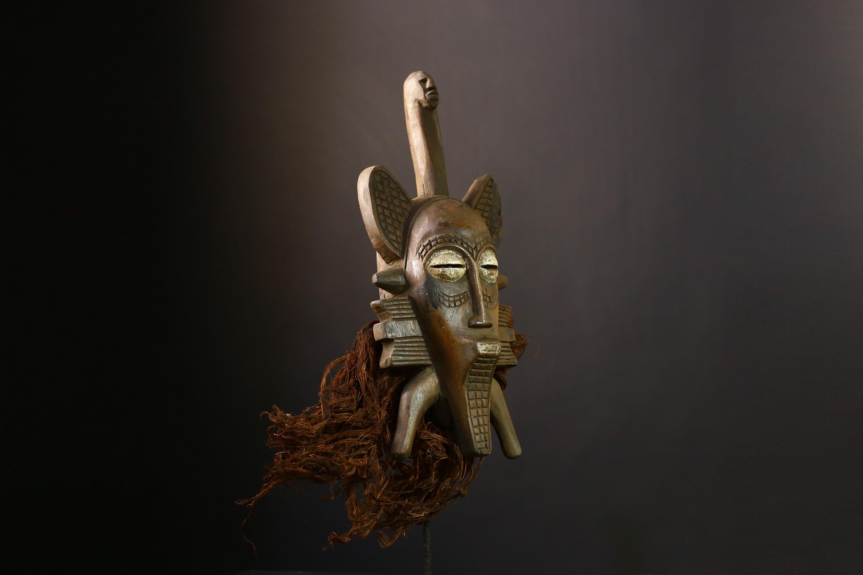 African Hand-Carved Senufo Kalao Vintage Kpélié Mask - Tribal Art Decor with Rich Black Patina & Intricate Details - Cultural-G3874
