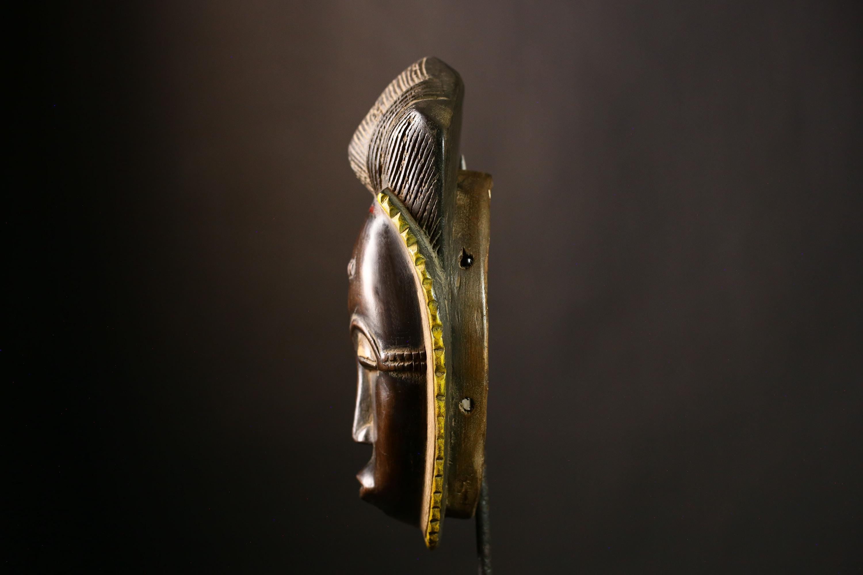 African Baule Mask Antique Wooden Wall Hanging Primitive Tribal Art Decor-G4107