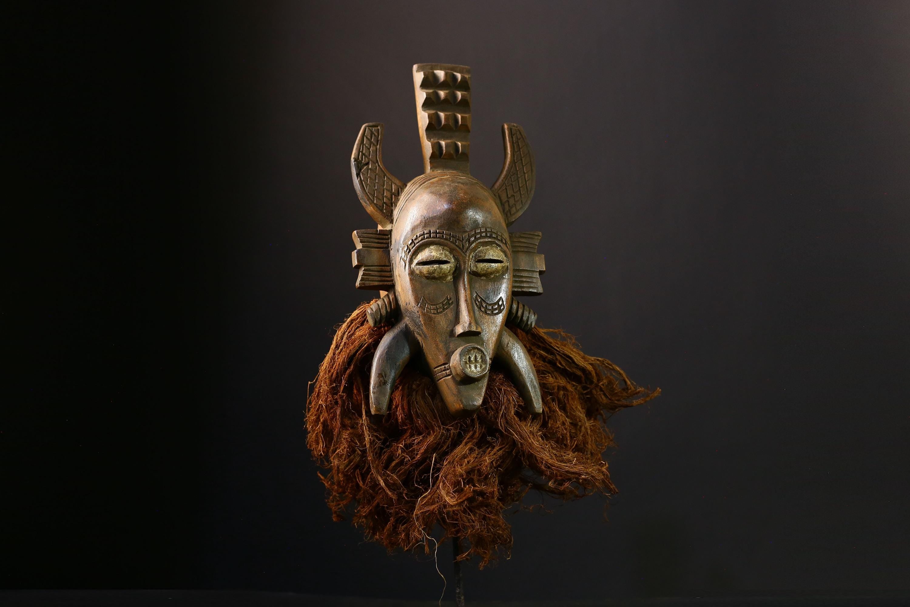 African Senufo Kalao Mask: Hand-Carved Wooden Tribal Wall Art Sculpture with Vintage Black Patina Decor-G3902