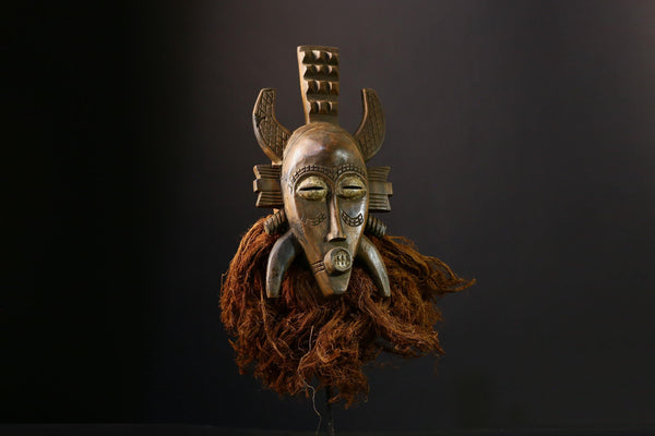 African Senufo Kalao Mask: Hand-Carved Wooden Tribal Wall Art Sculpture with Vintage Black Patina Decor-G3902