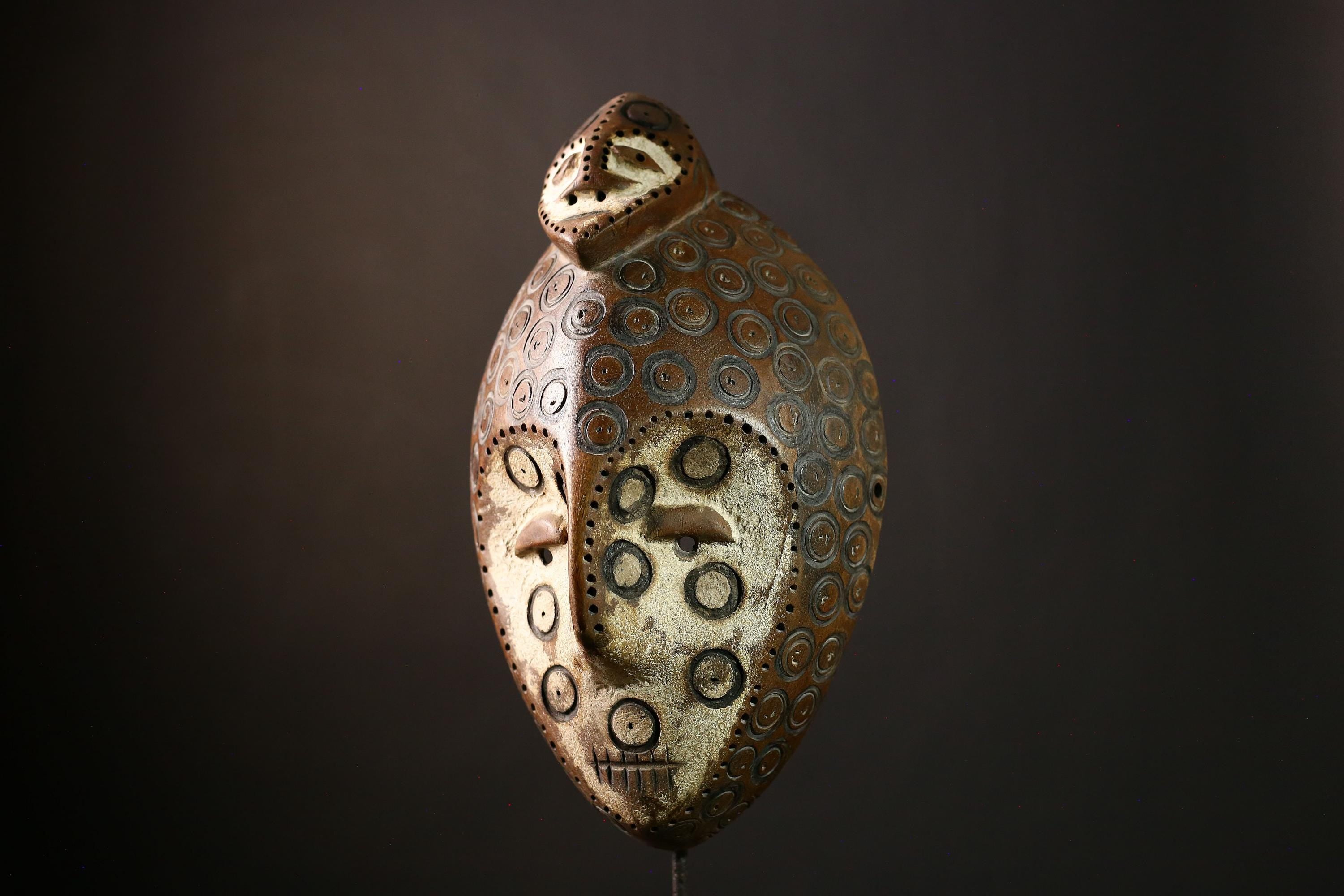 African Lega Mask - Wooden African Wall Art, Handmade Tribal Sculpture, Congo Lukungu Decorative Collectible, Unique Art Piece-G3925