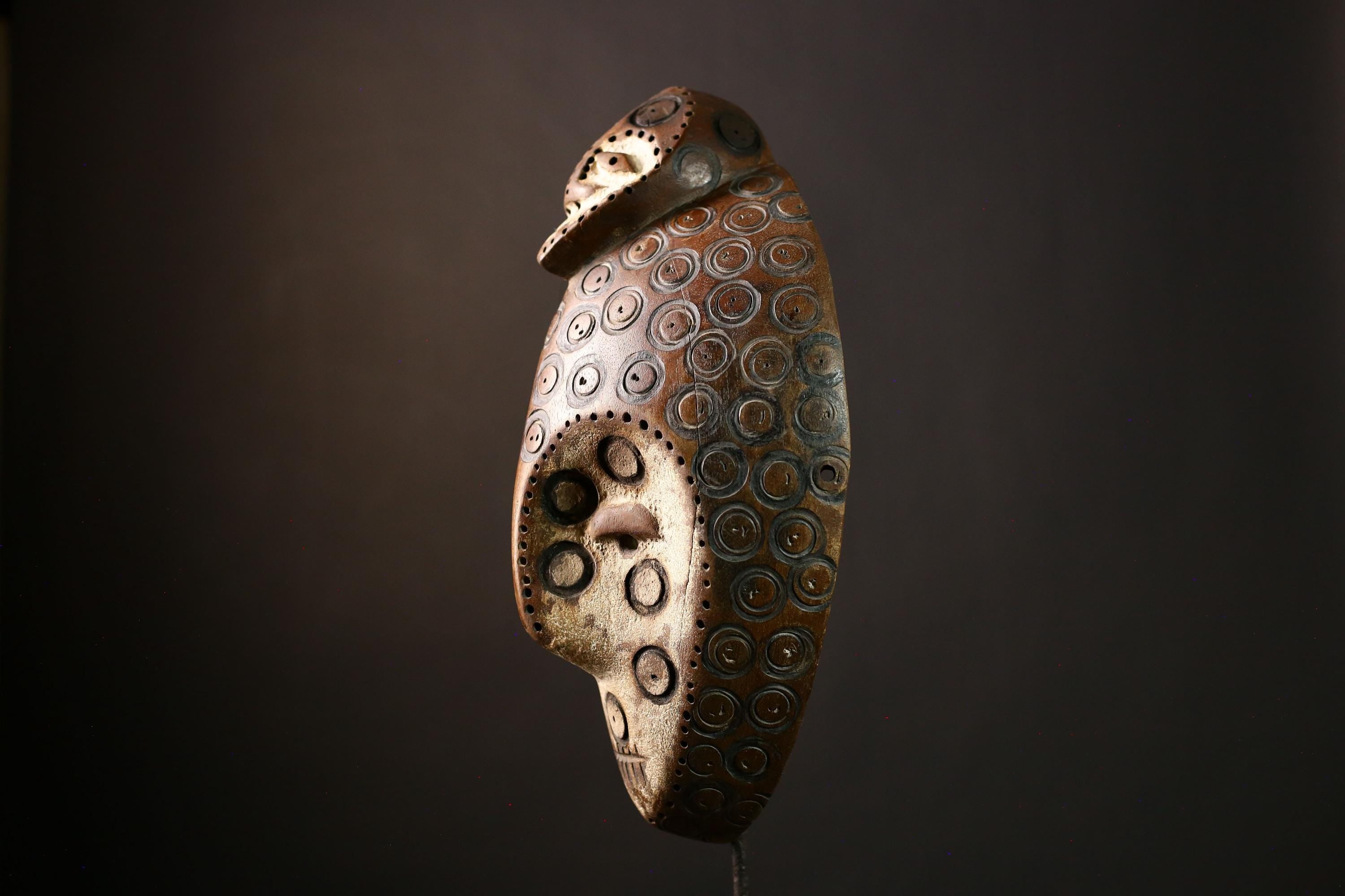 African Lega Mask - Wooden African Wall Art, Handmade Tribal Sculpture, Congo Lukungu Decorative Collectible, Unique Art Piece-G3925