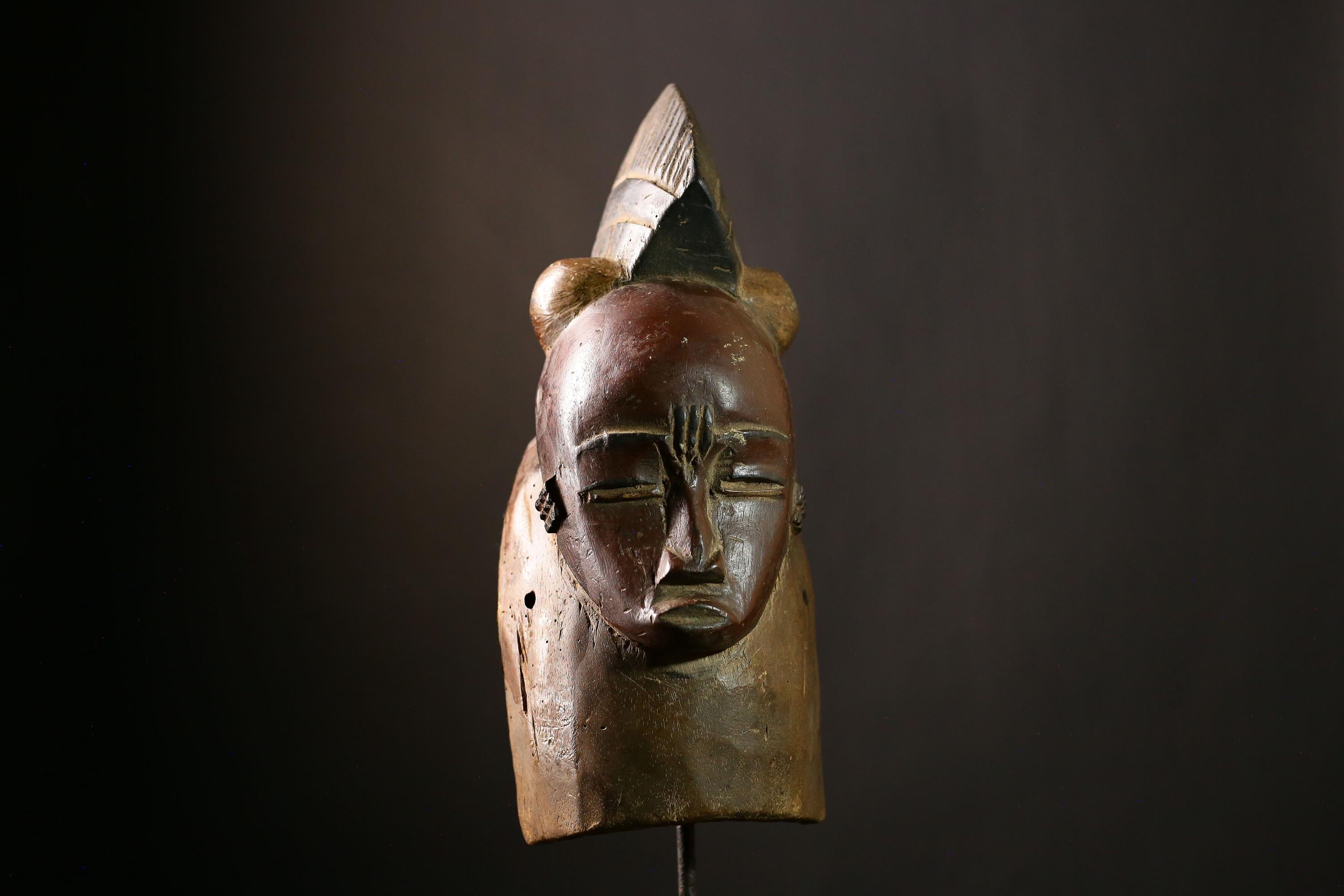 African Baoule Mask Vintage Tribal Art Wood Carved Antique Face Decor-7084
