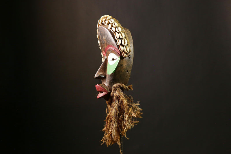 African DAN Mask Vintage Hand Carved Wood Antique Tribal Mask with Shells-8155