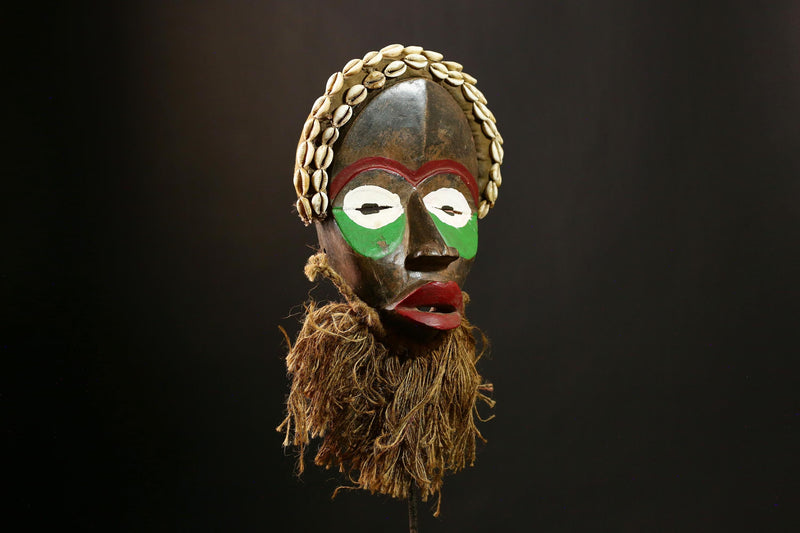 African DAN Mask Vintage Hand Carved Wood Antique Tribal Mask with Shells-8155