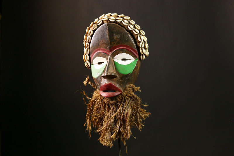 African DAN Mask Vintage Hand Carved Wood Antique Tribal Mask with Shells-8155