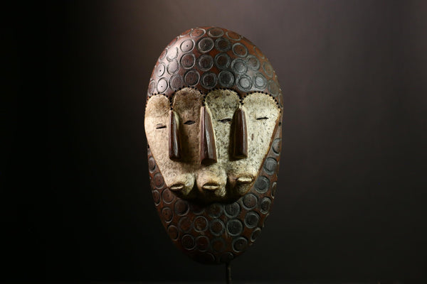 African Bwami Four-Faced Mask, Lega Tribal Society Sculpture, Handcrafted Art, Unique Ethnic Decor, Collectible Wall Display for Home-G4004