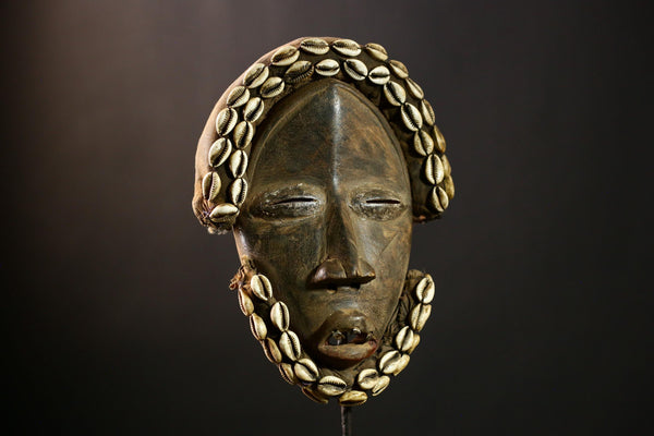 African DAN Mask, Vintage Wood Carved Tribal Face, Antique Wall Hanging Decor with Shells, Unique Ethnic Sculpture for Collectors-4979