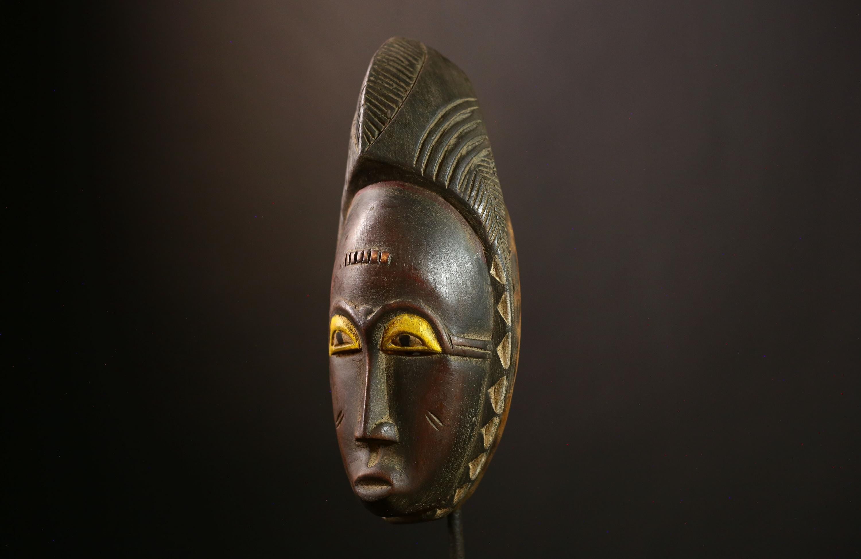 African Guro Mask: Hand-Carved Wooden Tribal Art | Unique Black Wall Decor | Authentic Sculpture for Home and Gallery Display-G4013