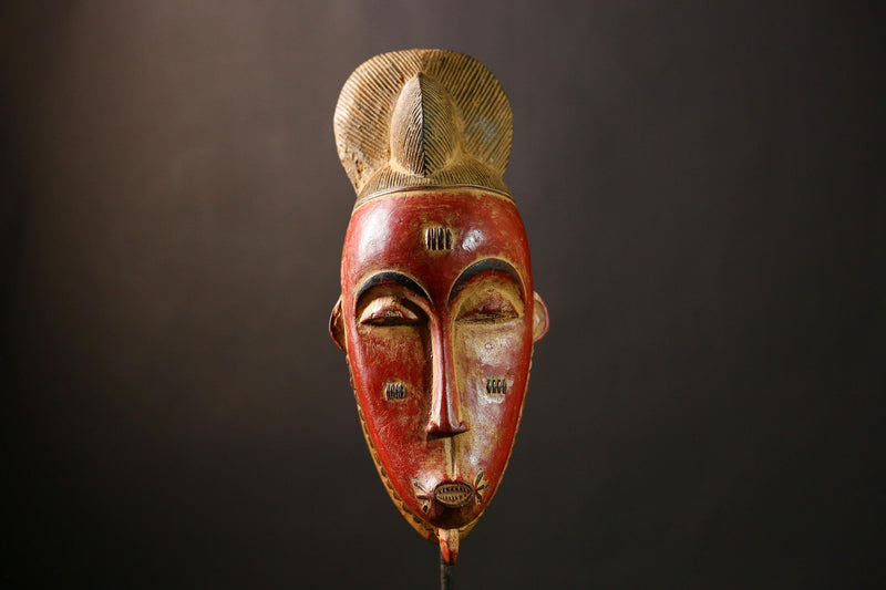 African Baule Mask, Hand-Carved Wooden Face Mask, Antique Wall Decor-G4240