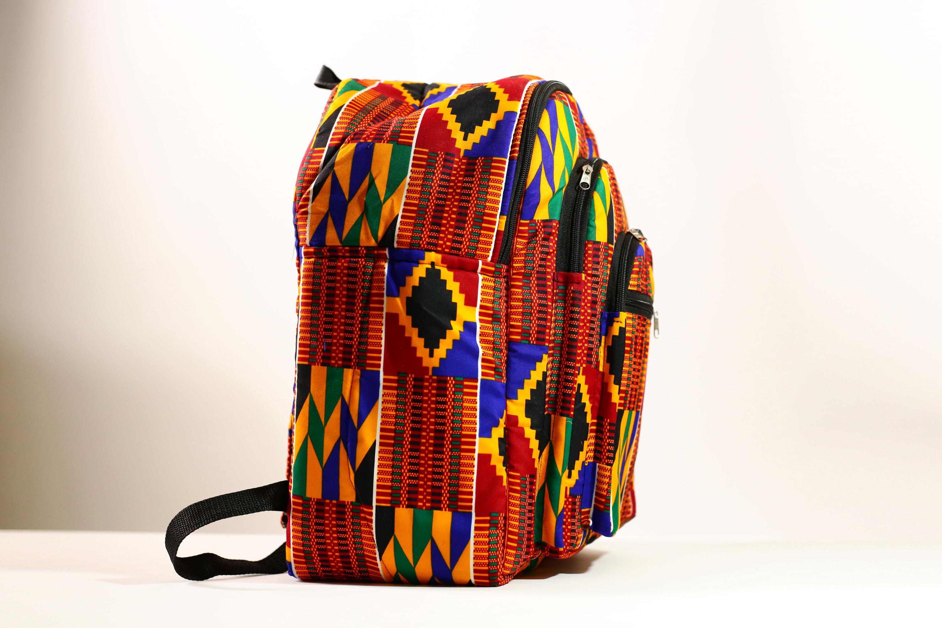 African Ghana Bright Kente Cloth Backpacks Handmade Assorted Pattern Styles-G4274