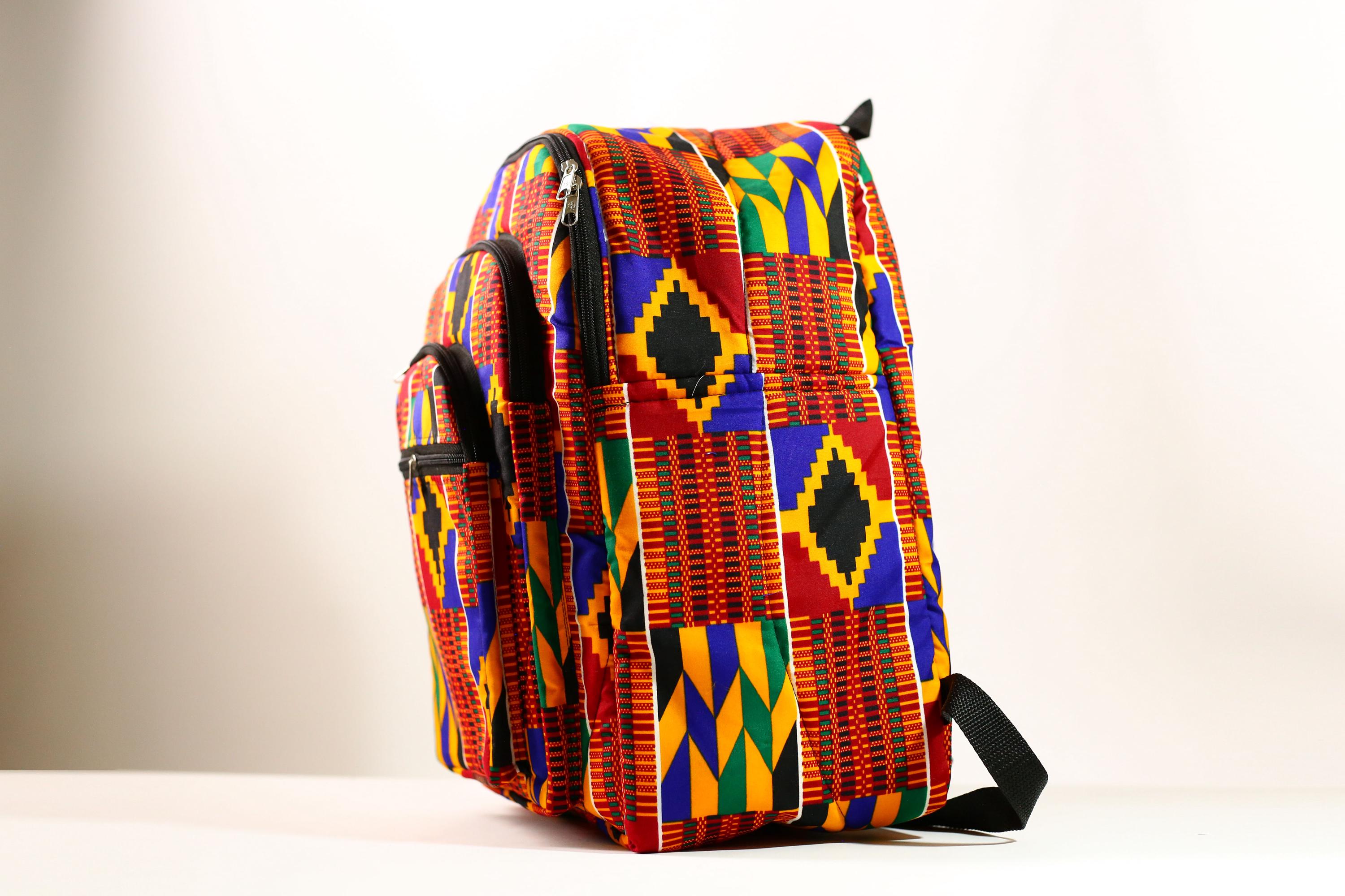 African Ghana Bright Kente Cloth Backpacks Handmade Assorted Pattern Styles-G4274