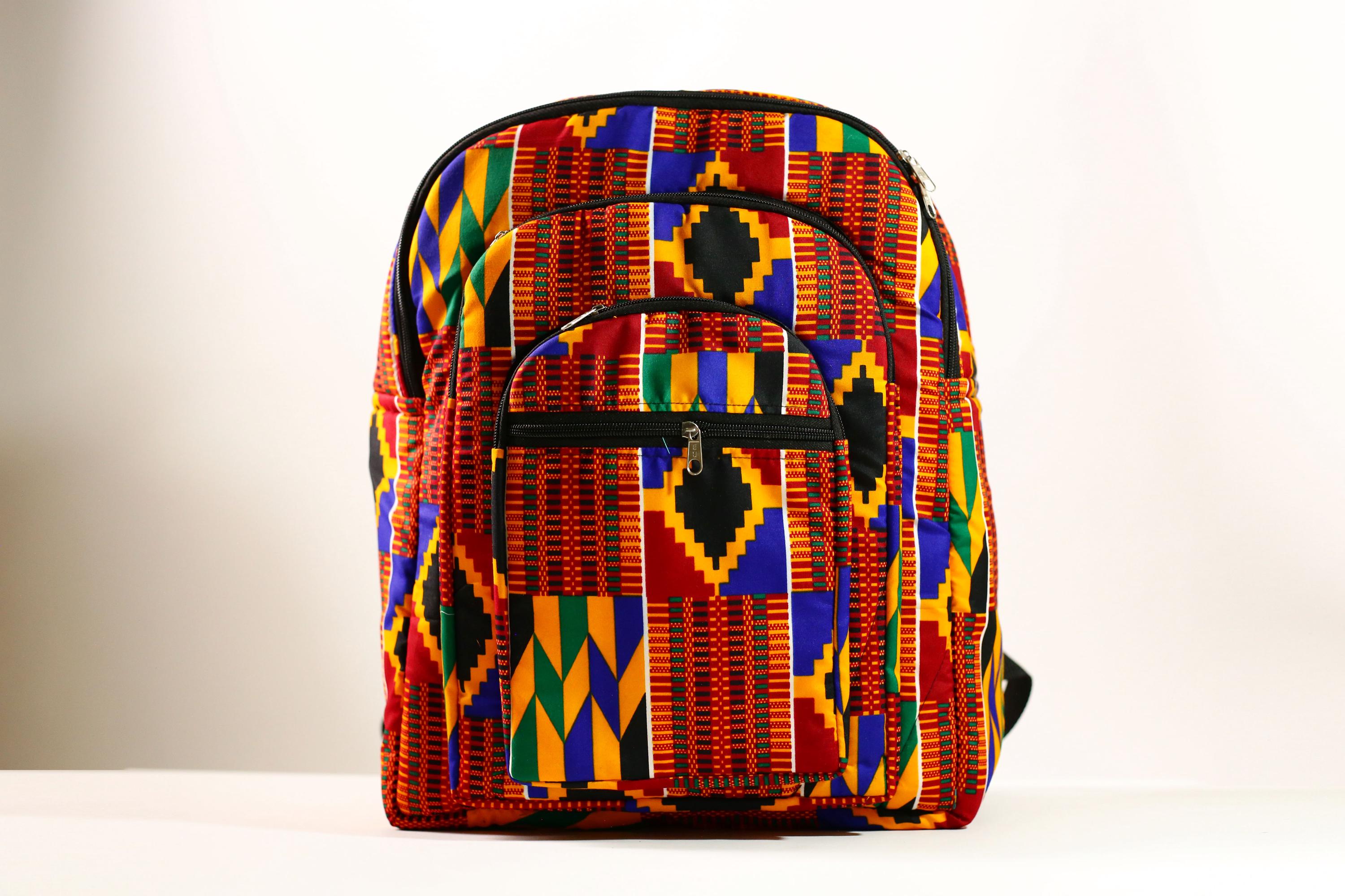 African Ghana Bright Kente Cloth Backpacks Handmade Assorted Pattern Styles-G4274