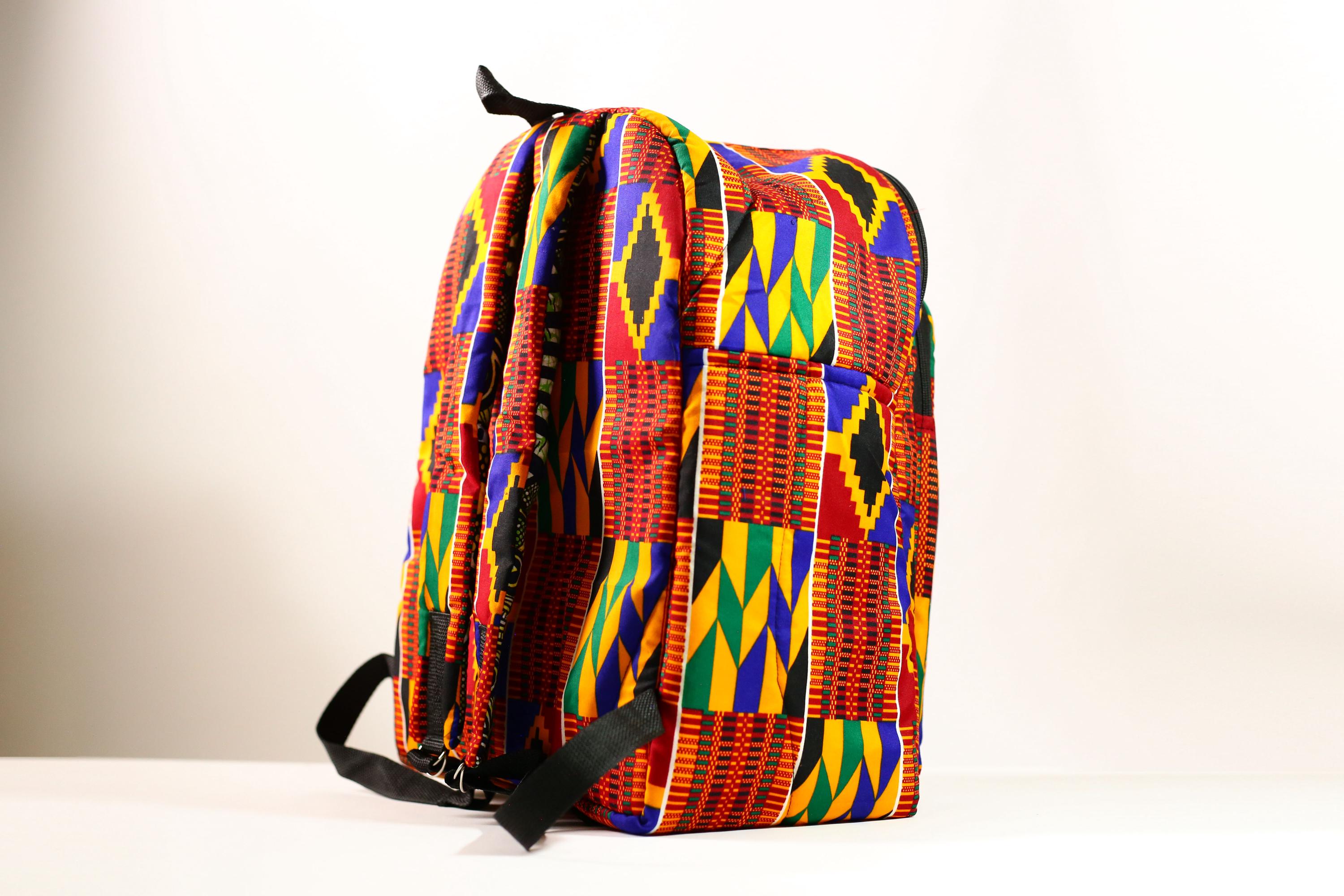 African Ghana Bright Kente Cloth Backpacks Handmade Assorted Pattern Styles-G4274