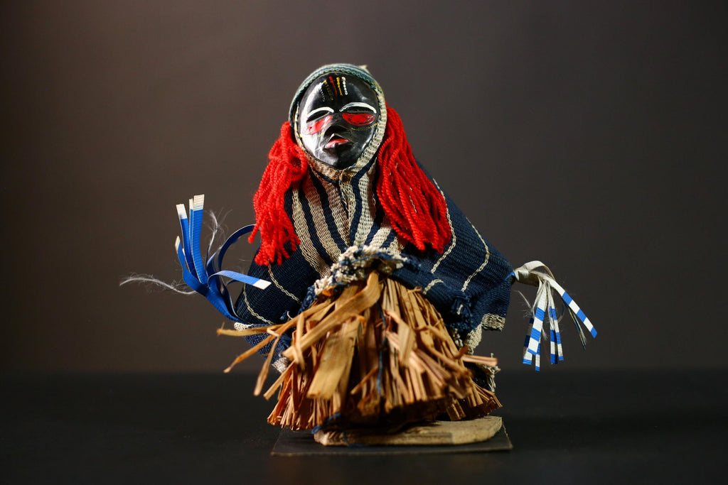 African Handmade Collectible Art Sculpture - Ritual Dancing Kachina with Grass Skirt | Unique Medicine Doll for Home Decor-G4262