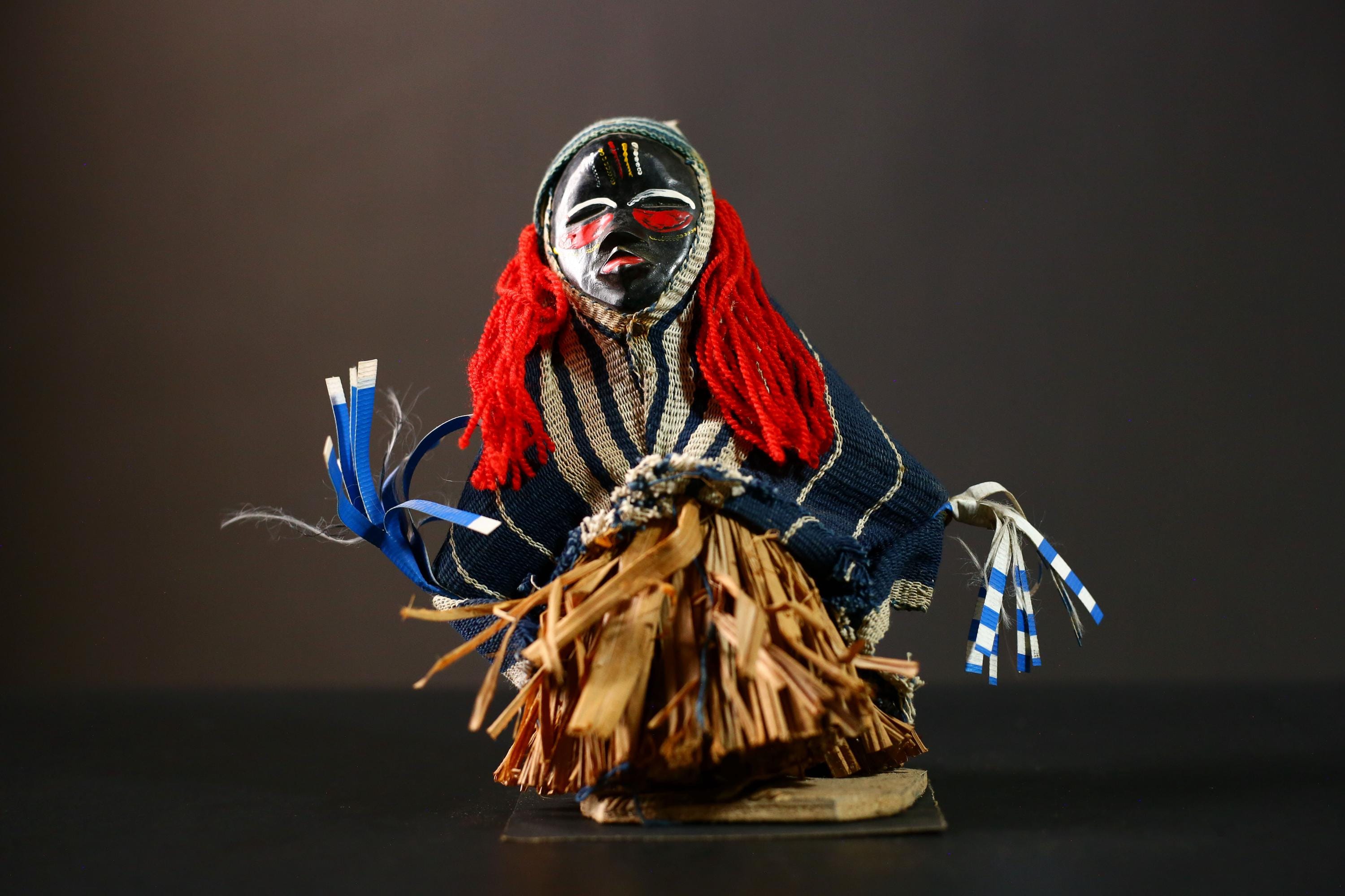 African Handmade Collectible Art Sculpture - Ritual Dancing Kachina with Grass Skirt | Unique Medicine Doll for Home Decor-G4262