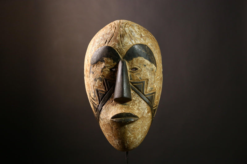 African Mask Collectible Hand-Carved Wood Fang Wall Hanging Art Piece-9465