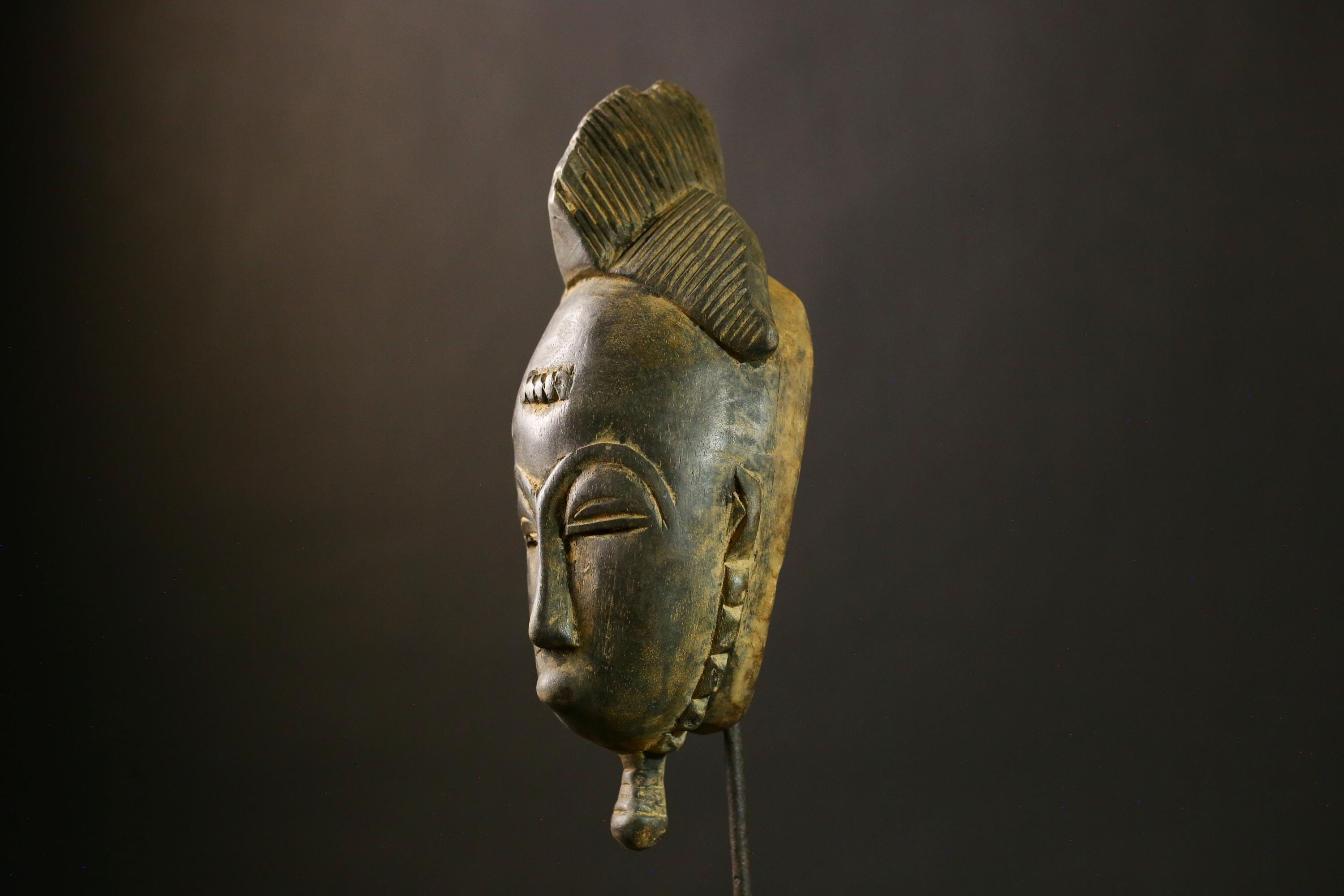 African Authentic Antique Guro Baule Face Masks as Hand Carved Tribal Wooden Art for Cultural Home Decor and Unique Wall Display-G1797