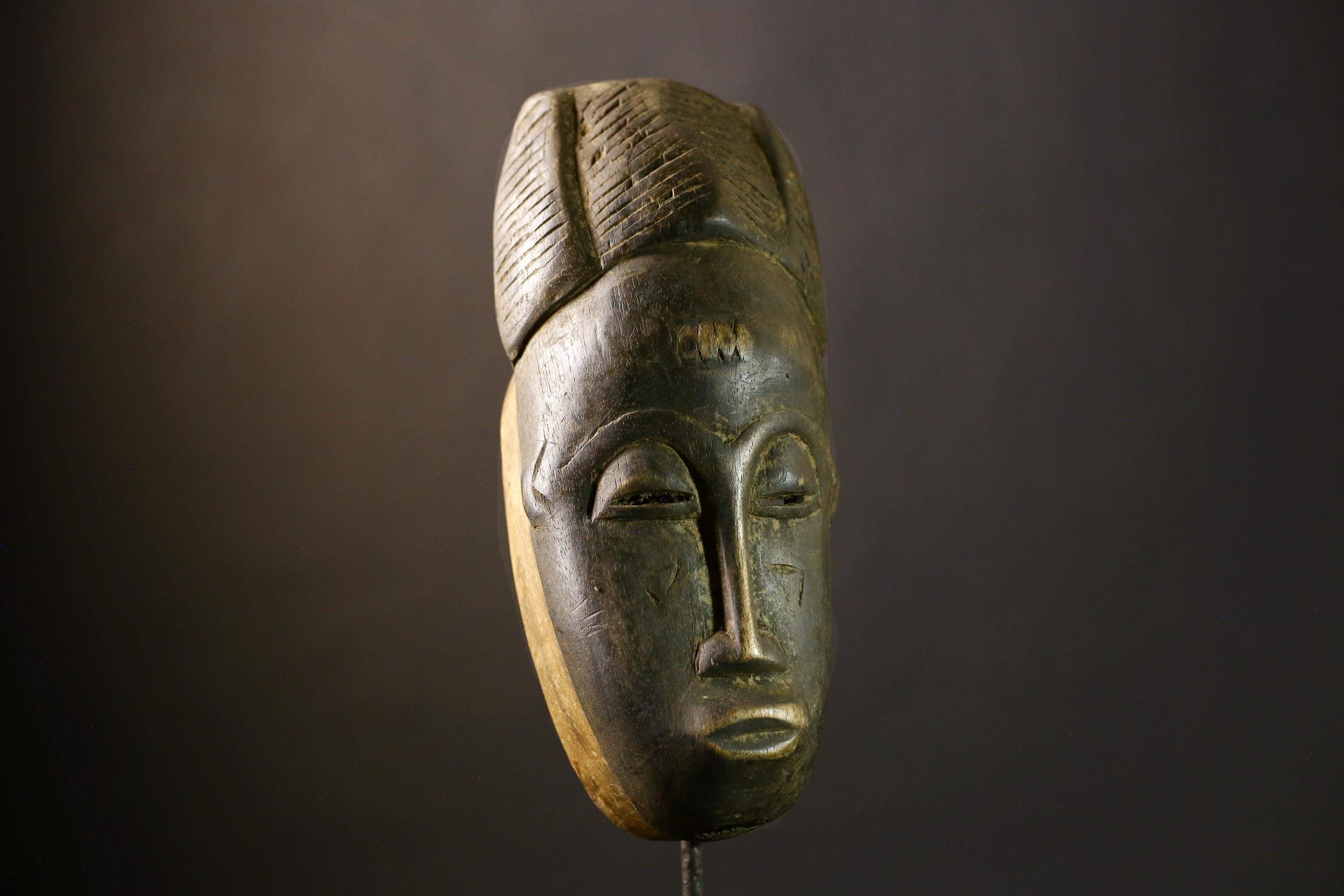 African Mask Baule Vintage Tribal Wall Hanging Carved Wood Ancestral Art Decor Authentic Rare Collectible Gift Piece-G1844