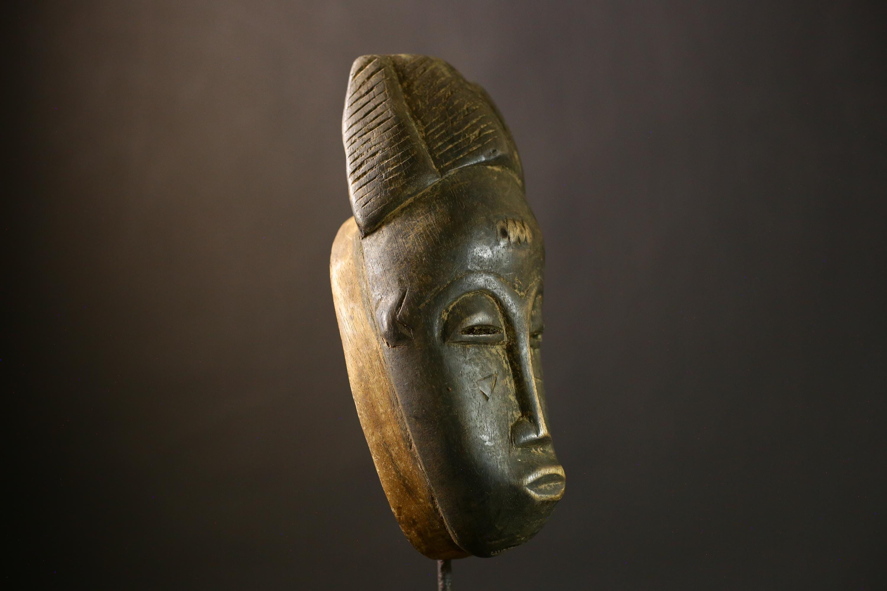 African Mask Baule Vintage Tribal Wall Hanging Carved Wood Ancestral Art Decor Authentic Rare Collectible Gift Piece-G1844