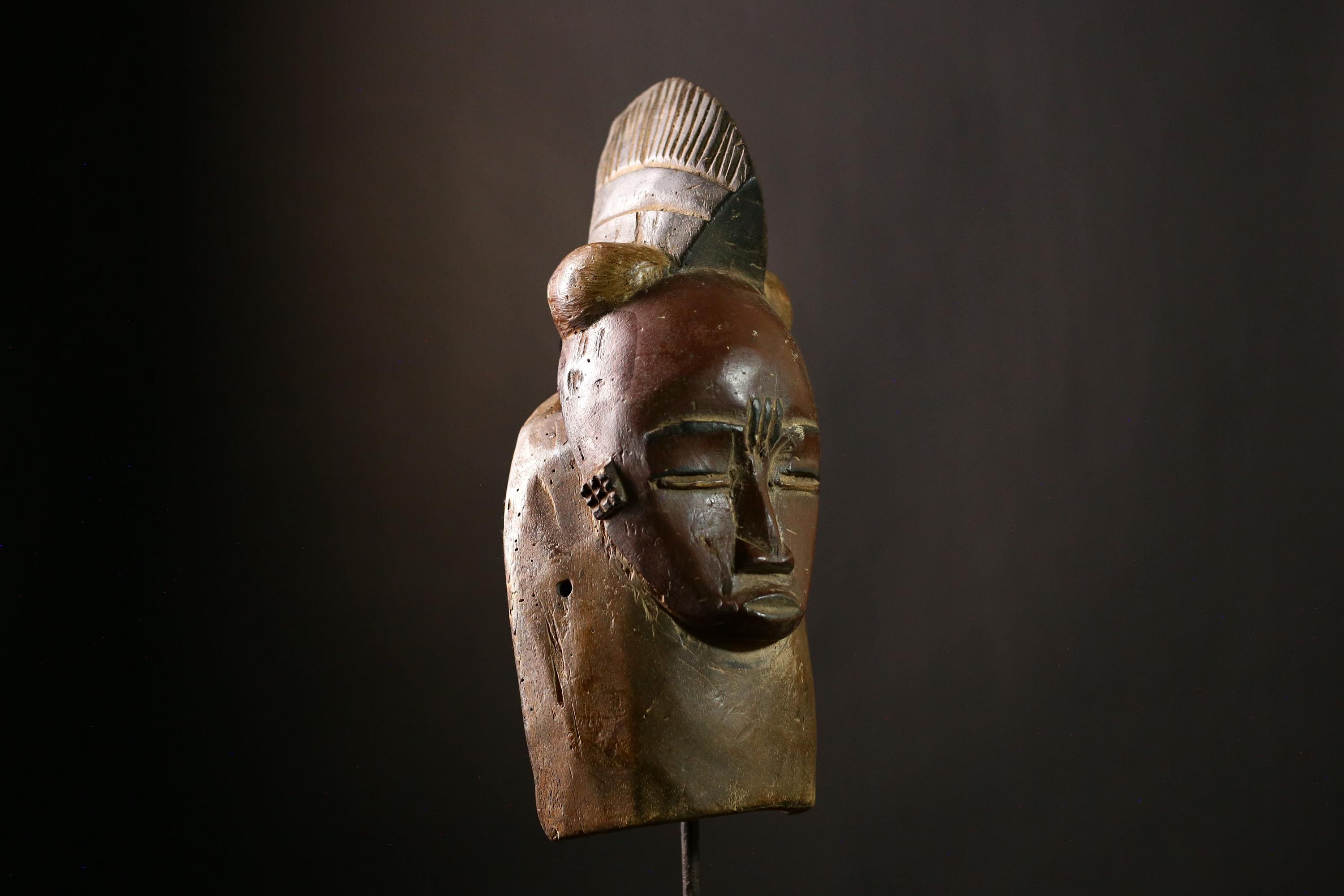 African Baoule Mask Vintage Tribal Art Wood Carved Antique Face Decor-7084