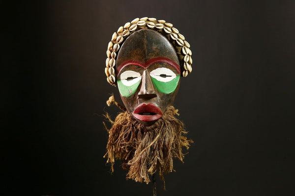 African DAN Mask Vintage Hand Carved Wood Antique Tribal Mask with Shells-8155