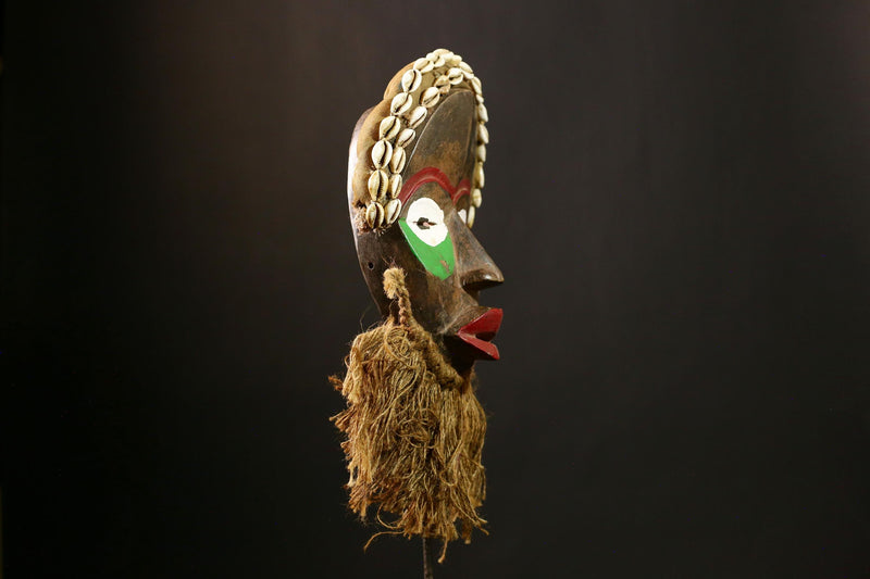 African DAN Mask Vintage Hand Carved Wood Antique Tribal Mask with Shells-8155