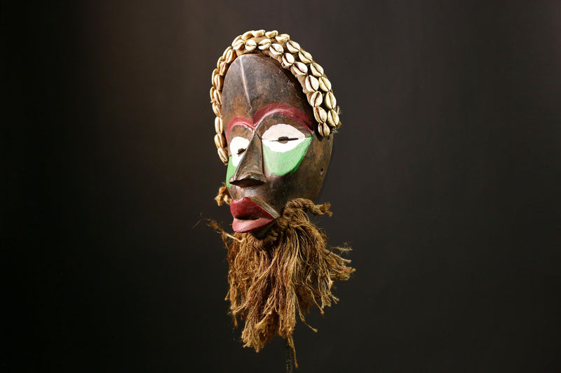 African DAN Mask Vintage Hand Carved Wood Antique Tribal Mask with Shells-8155