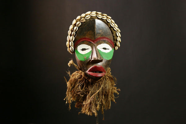 African DAN Mask Vintage Hand Carved Wood Antique Tribal Mask with Shells-8155