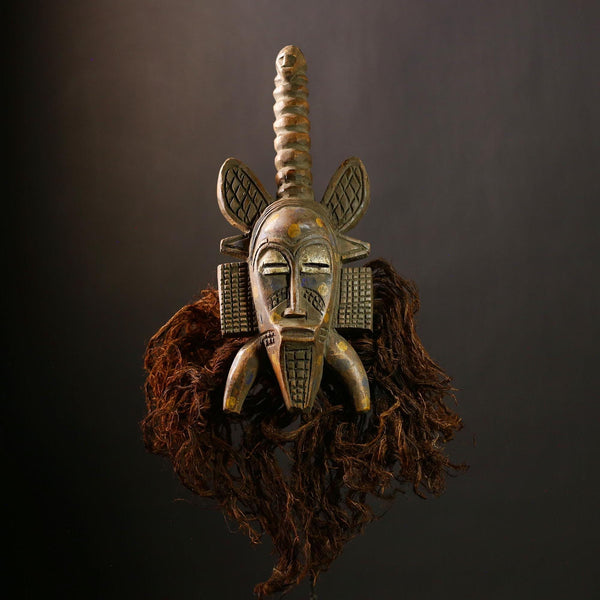 African Hand Carved Mask | Unique Senufo Wood Art | Tribal Decor with Animal Ears | Exceptional Wall Hanging | Cultural Home Accent-G4436