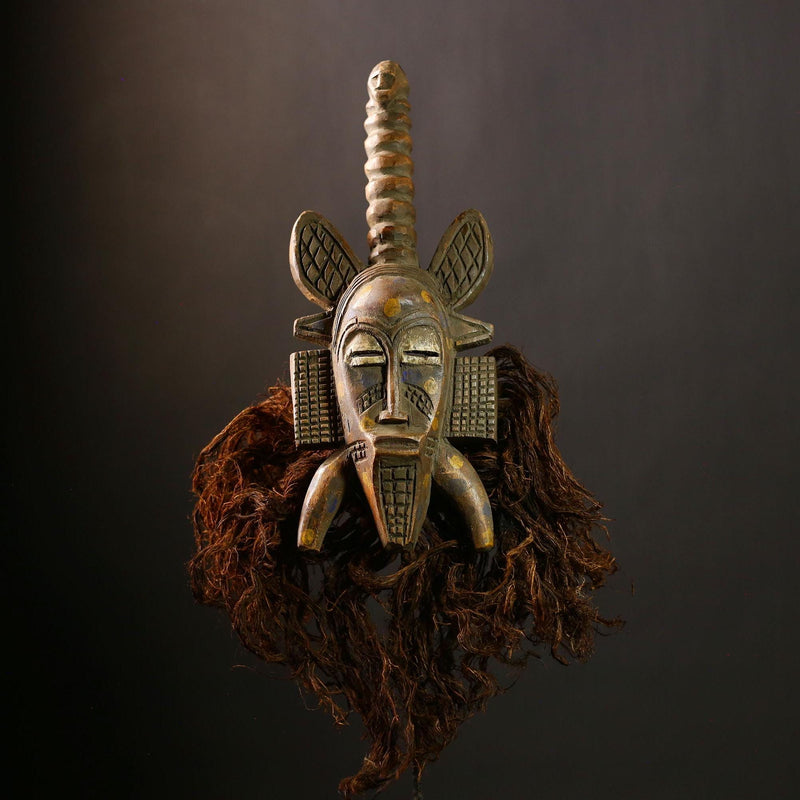 African Hand Carved Mask | Unique Senufo Wood Art | Tribal Decor with Animal Ears | Exceptional Wall Hanging | Cultural Home Accent-G4436