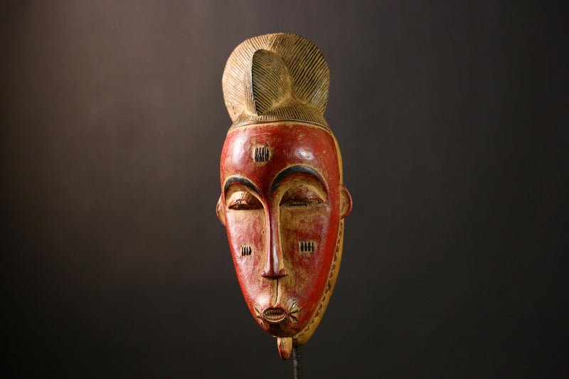 African Baule Mask, Hand-Carved Wooden Face Mask, Antique Wall Decor-G4240